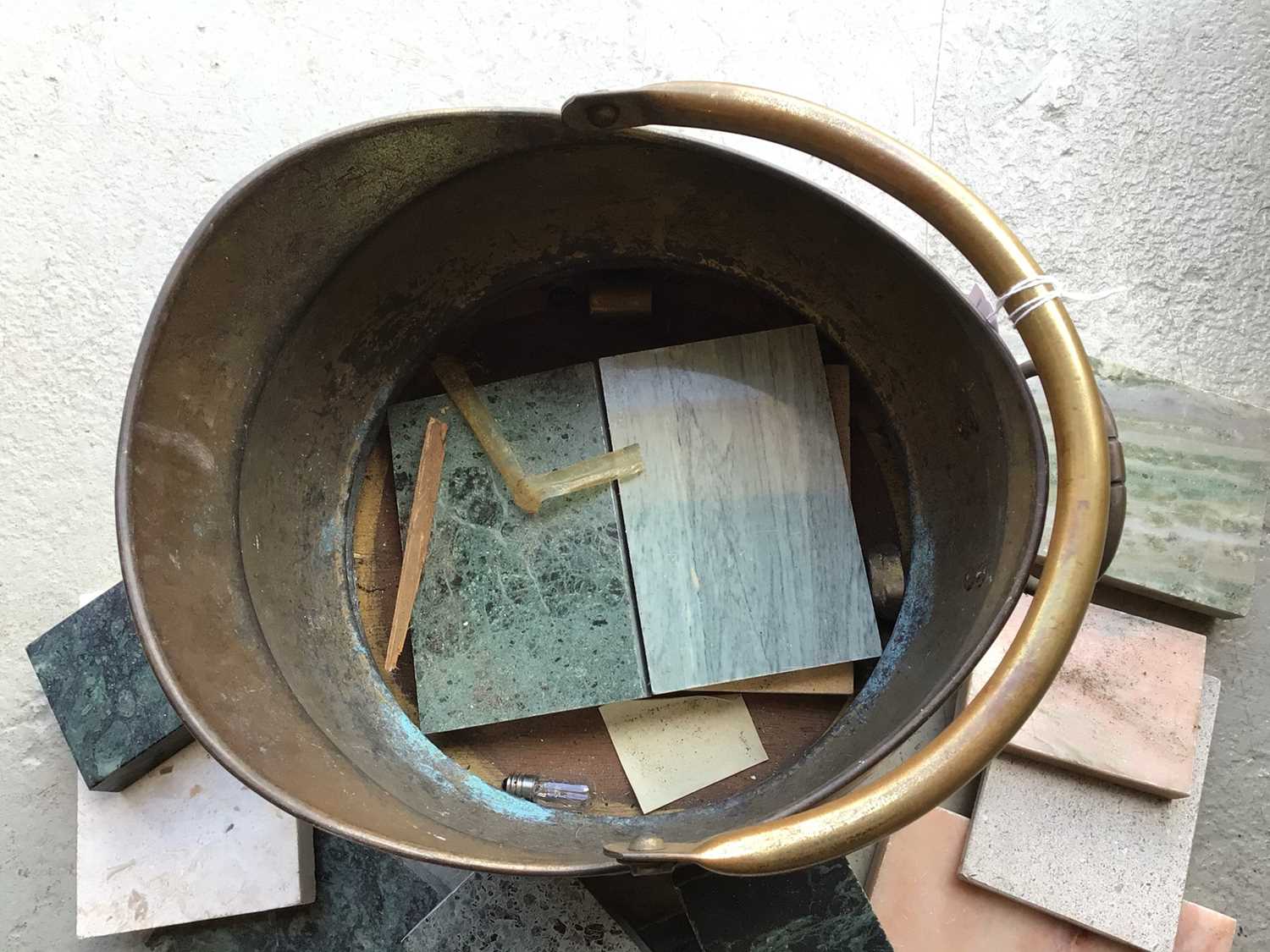 Selection of marble plinths and specimens, plus a brass coal scuttle - Image 5 of 5