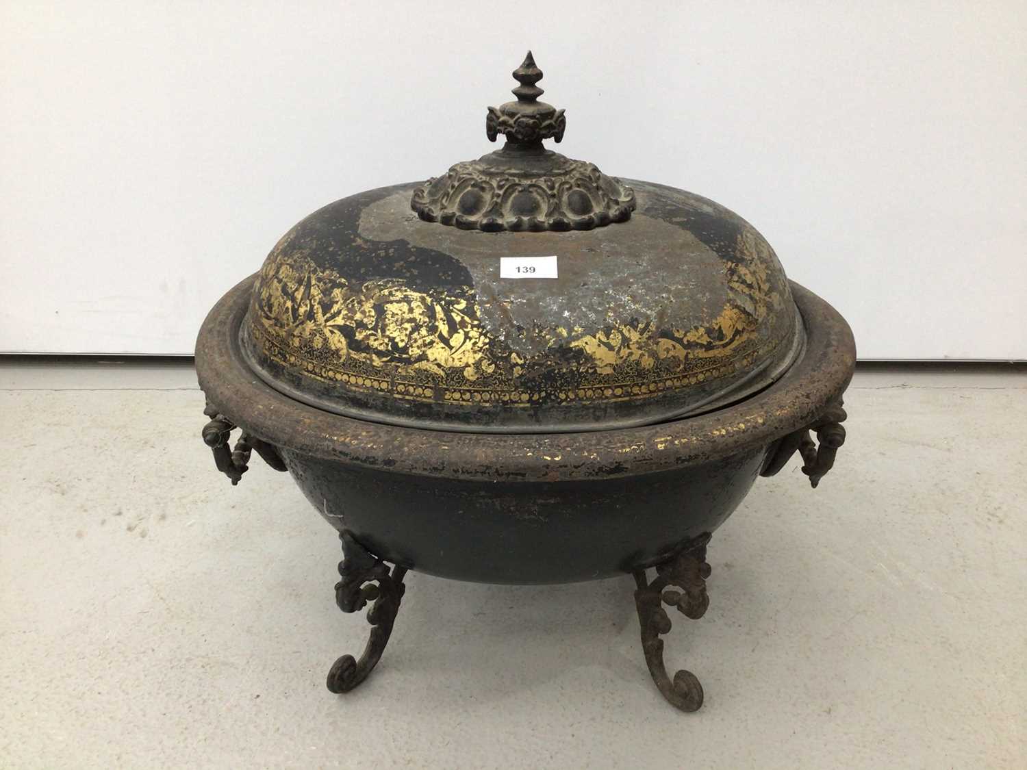 Regency tole ware oval coal box with gilt painted decoration, on cast scroll legs and swing handles,