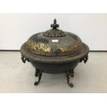 Regency tole ware oval coal box with gilt painted decoration, on cast scroll legs and swing handles,