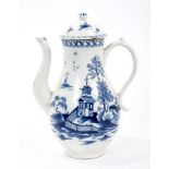 Lowestoft coffee pot and cover, with a curved spout and button finial, painted in blue with a Chines