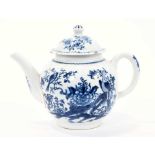 Lowestoft teapot and cover, of globular form, printed in blue with a variant of the Birds in Branche