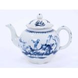 Lowestoft teapot and cover, of globular form, painted in blue with a boy crossing a bridge within a