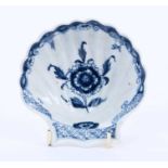 Lowestoft pickle dish, of scallop shell form, painted in blue with a chrysanthemum within a scrolled