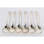 Set of six Edwardian silver Old English pattern soup spoons, with engraved initials, (Sheffield 1909