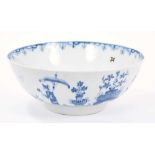 Rare Lowestoft bowl, of shallow form painted in soft blue with a lady holding a parasol and a sprig