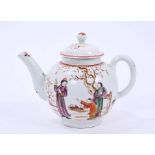 Lowestoft globular teapot and cover, painted in the Mandarin style with two figures and a man with a