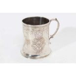 Victorian silver Christening mug of cylindrical form with engraved foliate decoration, and scroll ha