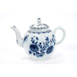 Large Lowestoft teapot and cover, painted in blue with flowers and insects, painter's number 5 insid