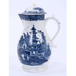 Lowestoft jug and cover, with a scrolled handle and a low domed cover, printed with a Chinese river