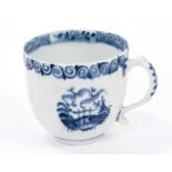 Lowestoft coffee cup, with a scrolled handle, moulded in relief in Hughes style with flowers, diaper
