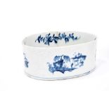 Lowestoft oval potting pot, with moulded florets alternating with scrolled panels painted in blue wi