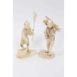 Japanese Meiji period carved ivory okimono of a woodcutter, together with another depicting a man wi