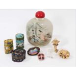 Large Chinese inside painted glass snuff bottle, together with rock crystal seal, blinder opal speci