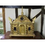 Antique Italian giltwood reliquary, of ark form, the hinged cover with central finial and glazed win