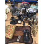 Sundry items, including spelter figures, pewter, gilt wall bracket, clocks, inlaid mahogany tray, br