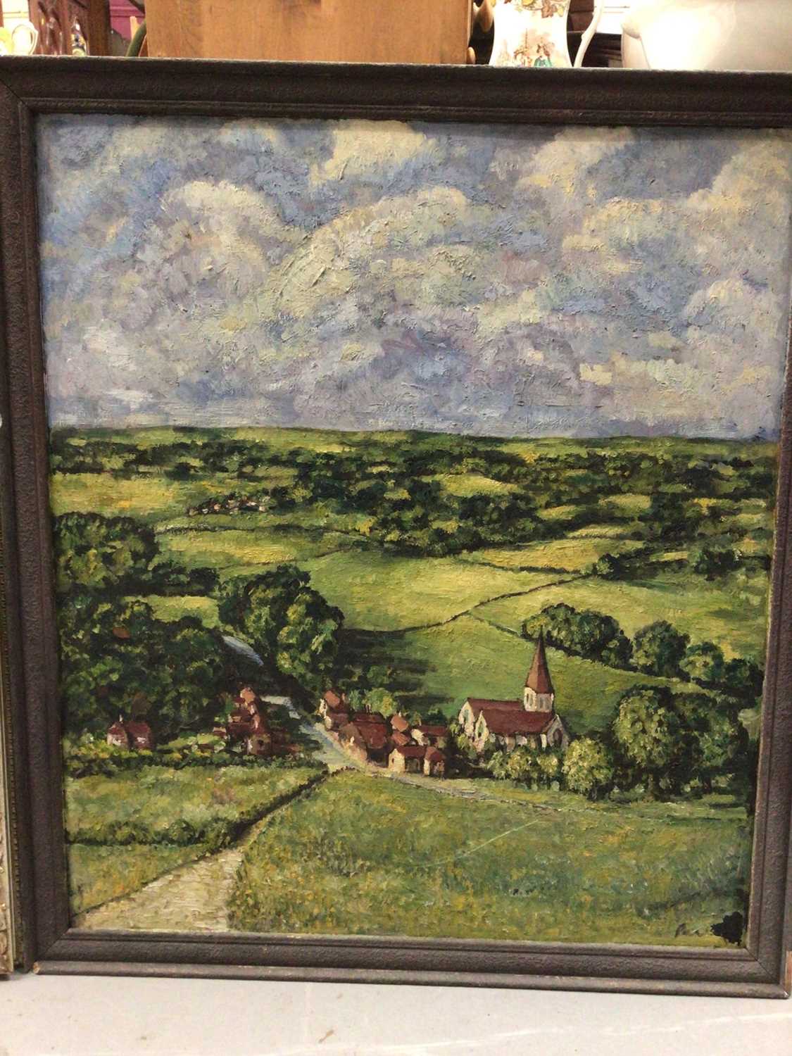 Framed oil painting of Ufford, Suffolk, and a framed embroidery (2) - Image 2 of 3