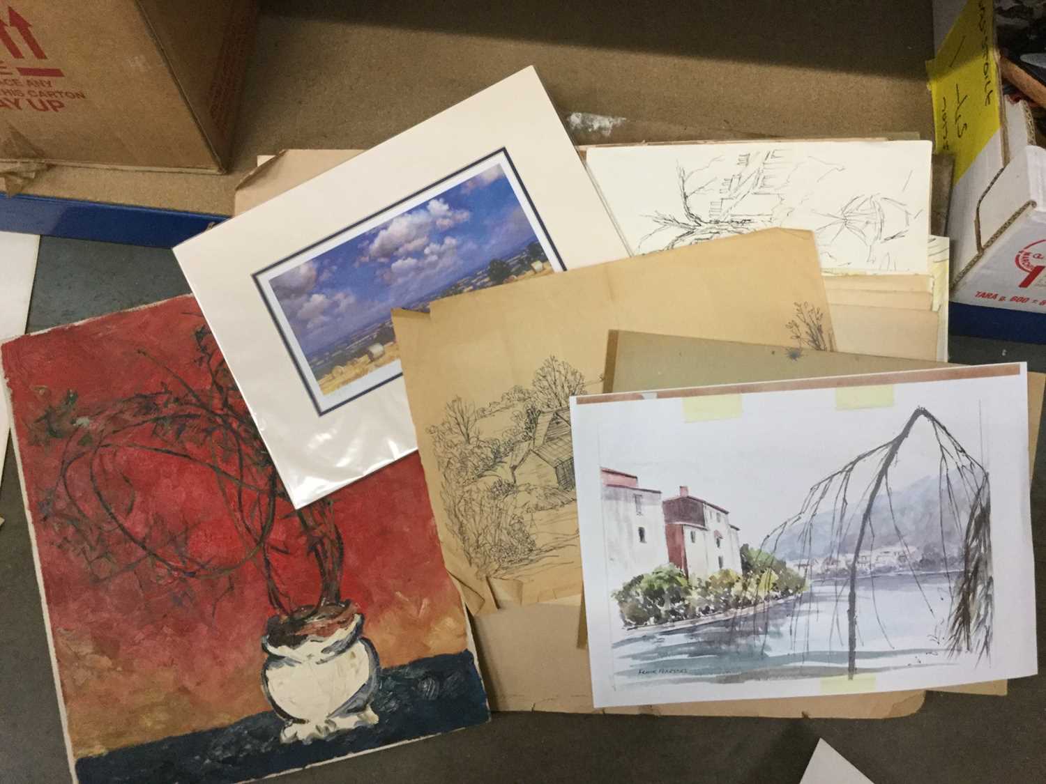 Folio of assorted drawings and watercolours to include landscapes and still lifes