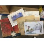 Folio of assorted drawings and watercolours to include landscapes and still lifes