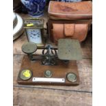 Brass carriage clock, together with, postal scales, camera