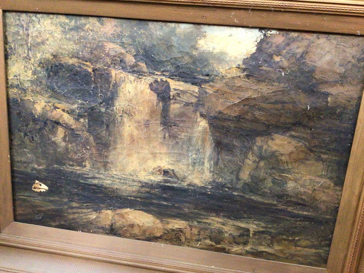 Large oil on canvas landscape scene in gilt frame, together with two other gilt frames