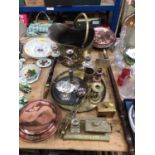 Two 19th century copper warming pans, copper coal scuttle, silver plate and other metalware