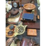Group of assorted treen items to include bowls, boxes and trays, together with binoculars in leather