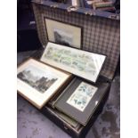 Large vintage travelling trunk containing quantity pictures and prints