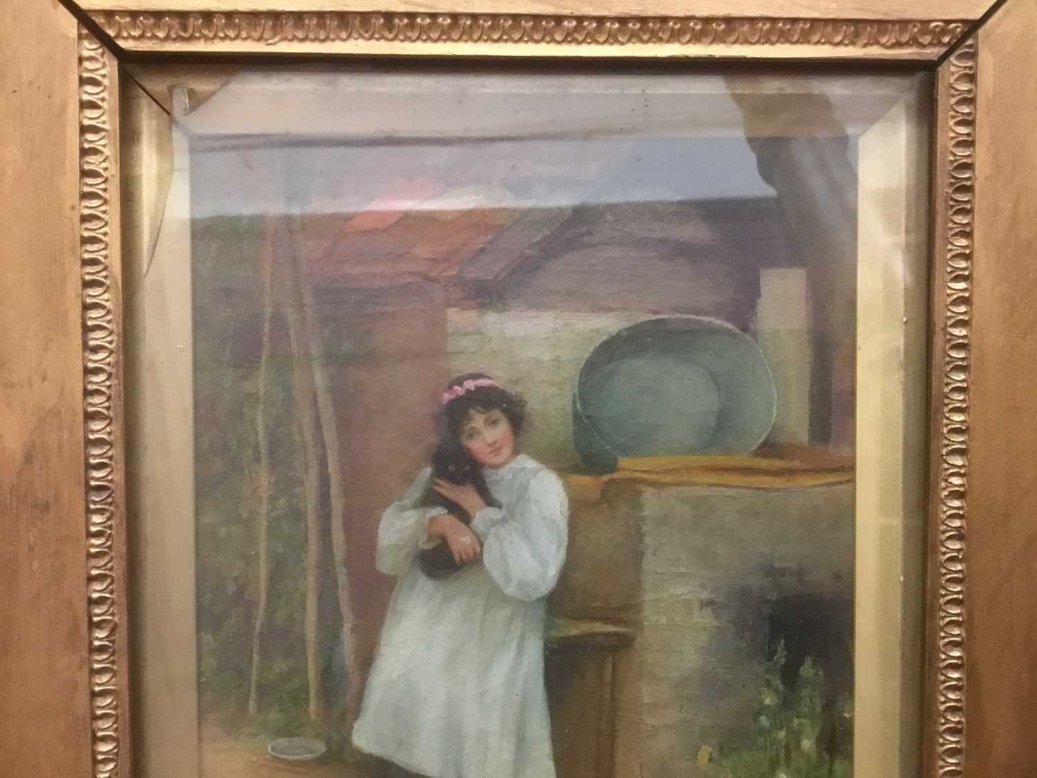 P Smith (early 20th century) oil on canvas, girl with cat - Image 5 of 6