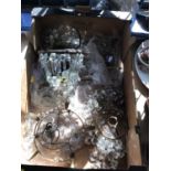 Box of crystal pendant chandeliers and wall lights, some parts loose