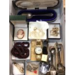 Costume jewellery including 9ct gold mounted cameo brooch, two wristwatches, silver teaspoon in fitt