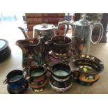 Small collection of 19th century copper lustre, together with Victorian silver plated hot water jug