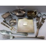 Pair of Russian silver gilt and enamel pickle forks, silver cigarette case, and other silver items