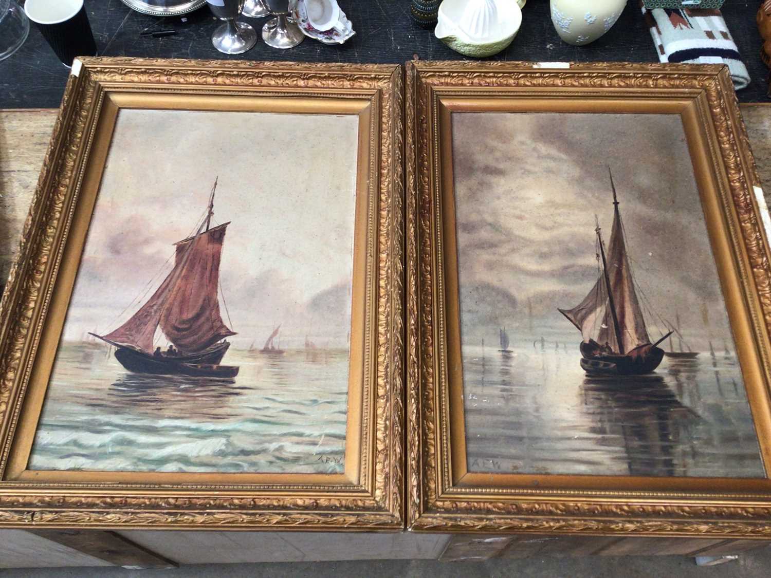 Collection of pictures, including a pair of boat scenes, four tropical watercolours, a political car