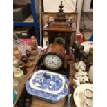 Two mantel clocks and blue and white tureen