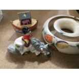 Beswick Norman Thelwell Figure, Royal Crown Derby Noah's Ark and a Clarice Cliff posy vase (3)