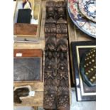 Pair of English-oak-style figural pilasters, made of plastic, 93cm long