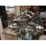 Edwardian three piece silver plated teaset with engraved foliate decoration
