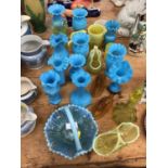 Victorian and later coloured glassware, including Vaseline glass baskets, opaque blue vases, etc (qt