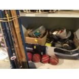 Group of fishing reels, accessories, rods and cricket balls