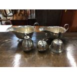 Pair of Mappin & Webb silver sauceboats, two Eastern silver fruit-shape boxes, and a white metal bel