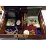 Wooden jewellery box containing gold and other costume jewellery