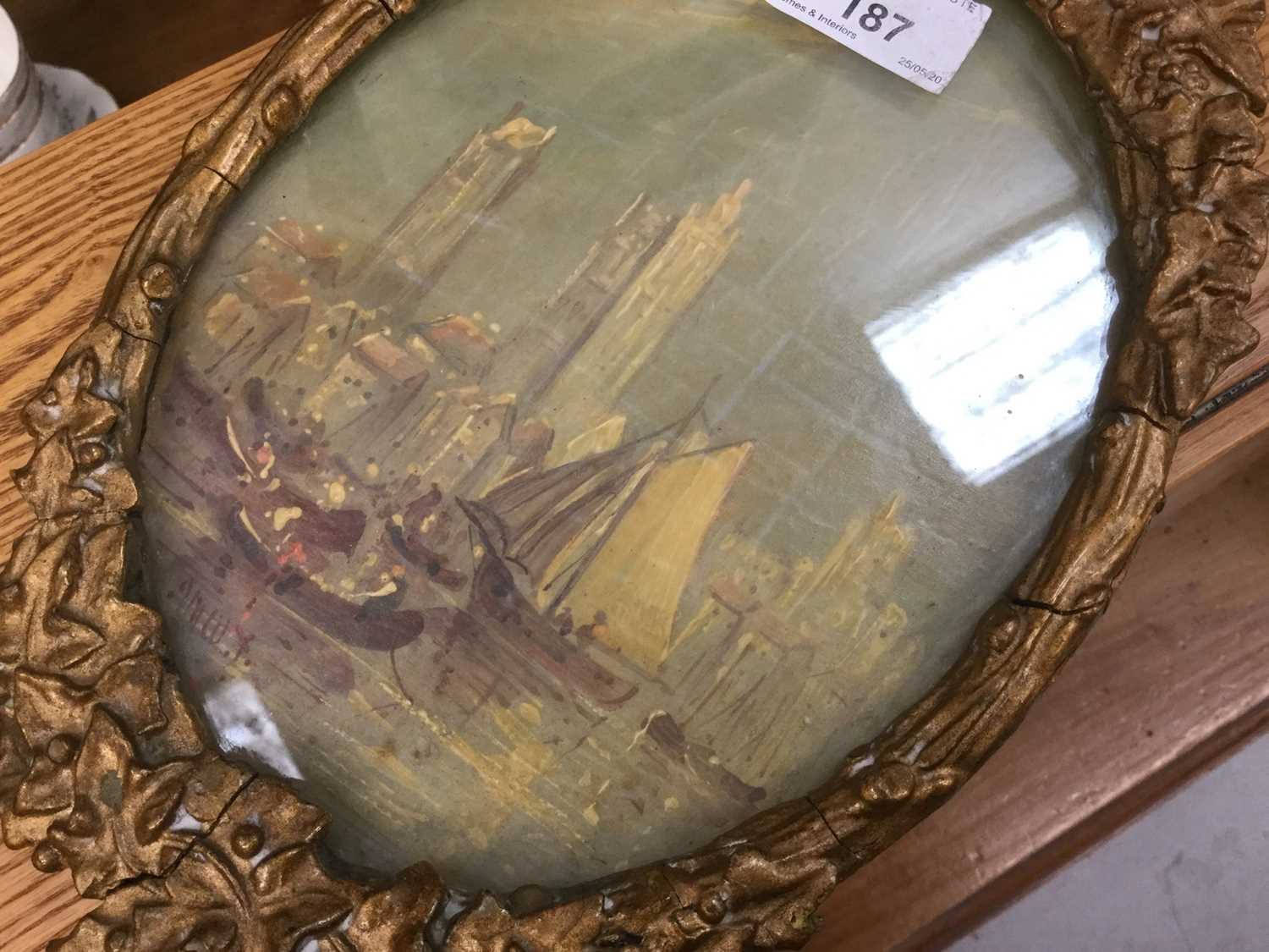 Follower of Turner - 19th century oil depiction of Rouen, inscribed verso, oval, in glazed gilt fram - Image 8 of 8