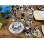 Small collection of continental porcelain, including three figures, a further group, two cockerels a