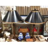 Pair of large turned wood lamps with toleware style shades