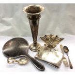 Group silver items to include a spill vase, cigarette case, pierced bon bon dish, flatware, tortoise