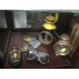 Two miners lamps, motor racing goggles. Go-cart trophy, vintage AA, RAC badges