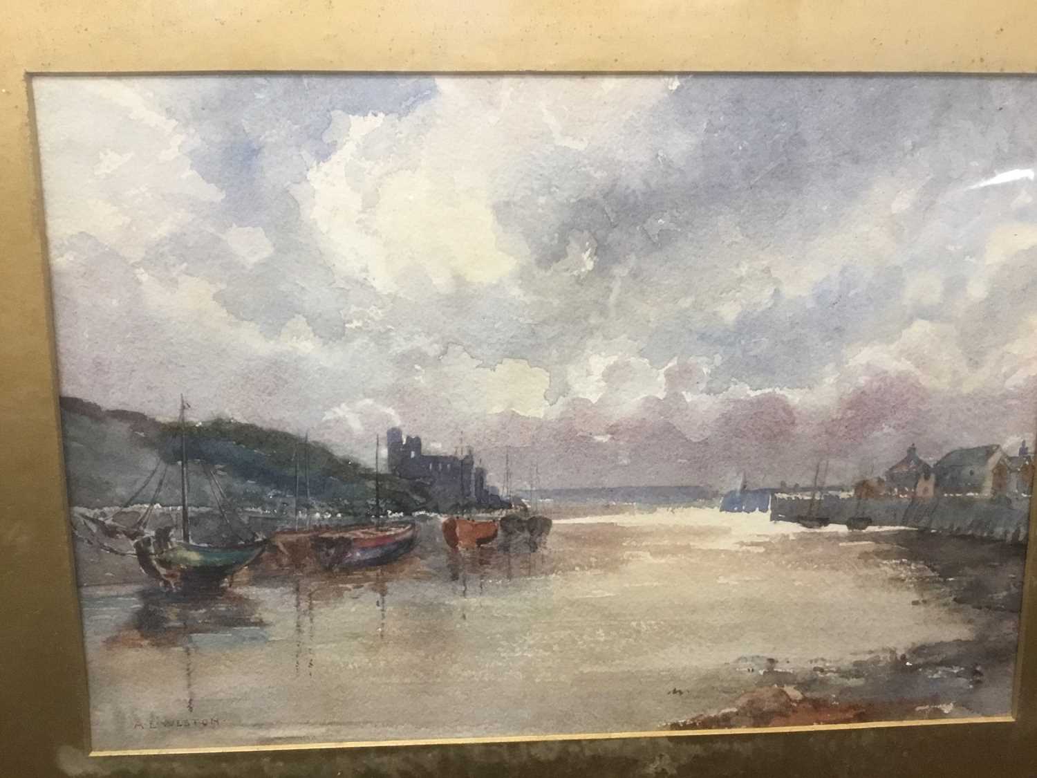 A.E. Weston - watercolour in glazed gilt frame- coastal bay, together with three other pictures (4) - Image 2 of 5