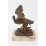 Victorian gilt metal desk weight in the form of a heron on marble base 17 cm high, 12.5 cm wide