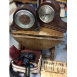 Two oak cased mantle clocks, Minolta Dynax 500si camera in bag, small oak drop leaf occasional table