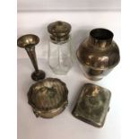 Silver items to include silver pot, silver cigarette case, silver trinket box, silver spill vase and